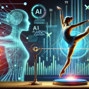 DALLE 2024-09-25 060354 - A dynamic illustration showcasing a futuristic gymnast performing a routine with an abstract AI judging system represented by digital lines and data - innovaTopia