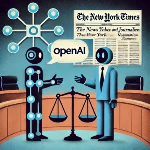 DALLE 2024-09-25 060410 - An illustration of two symbolic figures representing OpenAI and The New York Times in a courtroom setting with the OpenAI figure gesturing towards a - innovaTopia