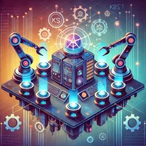 DALLE 2024-09-25 060414 - An illustration of Kubernetes represented as a futuristic control center with robotic arms labeled K8sGPT managing various glowing panels and nodes - innovaTopia