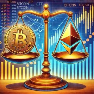 DALLE 2024-09-26 071220 - An illustration showing the market reaction to the confusion over Bitcoin ETF approval with Bitcoin prices dipping and Ethereum surging Depict a sca - innovaTopia