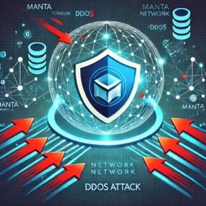 DALLE 2024-09-26 071223 - An illustration showing Manta Network responding quickly to a DDoS attack right after the launch of MANTA token Depict a digital shield protecting th - innovaTopia