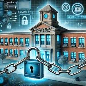 DALLE 2024-10-01 071839 - A digital illustration showing a school district in New Jersey being shut down due to a cyberattack The image features a school building with securit - innovaTopia