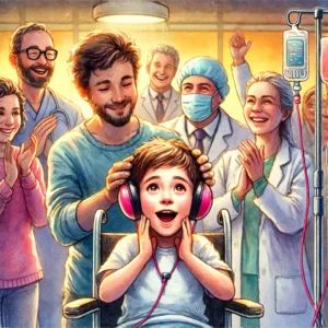 DALLE 2024-10-03 061746 - Heartwarming watercolor illustration of an 11-year-old boy experiencing sound for the first time through gene therapy The boy with a look of wonder - innovaTopia