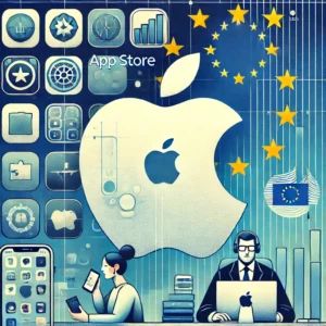 DALLE 2024-10-04 062344 - An illustration depicting Apples App Store changes in response to EU law reforms In the image a large Apple logo is set against a backdrop of digit - innovaTopia
