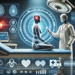 DALLE 2024-10-10 062146 - A futuristic medical scene highlighting AI-driven diagnostics in healthcare The image should show an AI system scanning a patient with holographic d - innovaTopia