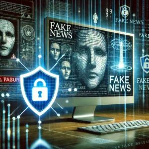 DALLE 2024-10-10 065516 - An illustration depicting the challenges of AI technology focusing on digital misinformation and security efforts In the foreground a stylized comp - innovaTopia
