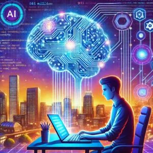 DALLE 2024-10-10 065520 - An optimistic and innovative illustration of Codeium an AI tool designed to support developers with a million funding round In the foreground - innovaTopia