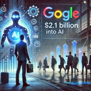 DALLE 2024-10-10 065524 - A futuristic and strategic illustration showing Googles investment of billion into AI amidst layoffs and growth challenges In the foreground a - innovaTopia