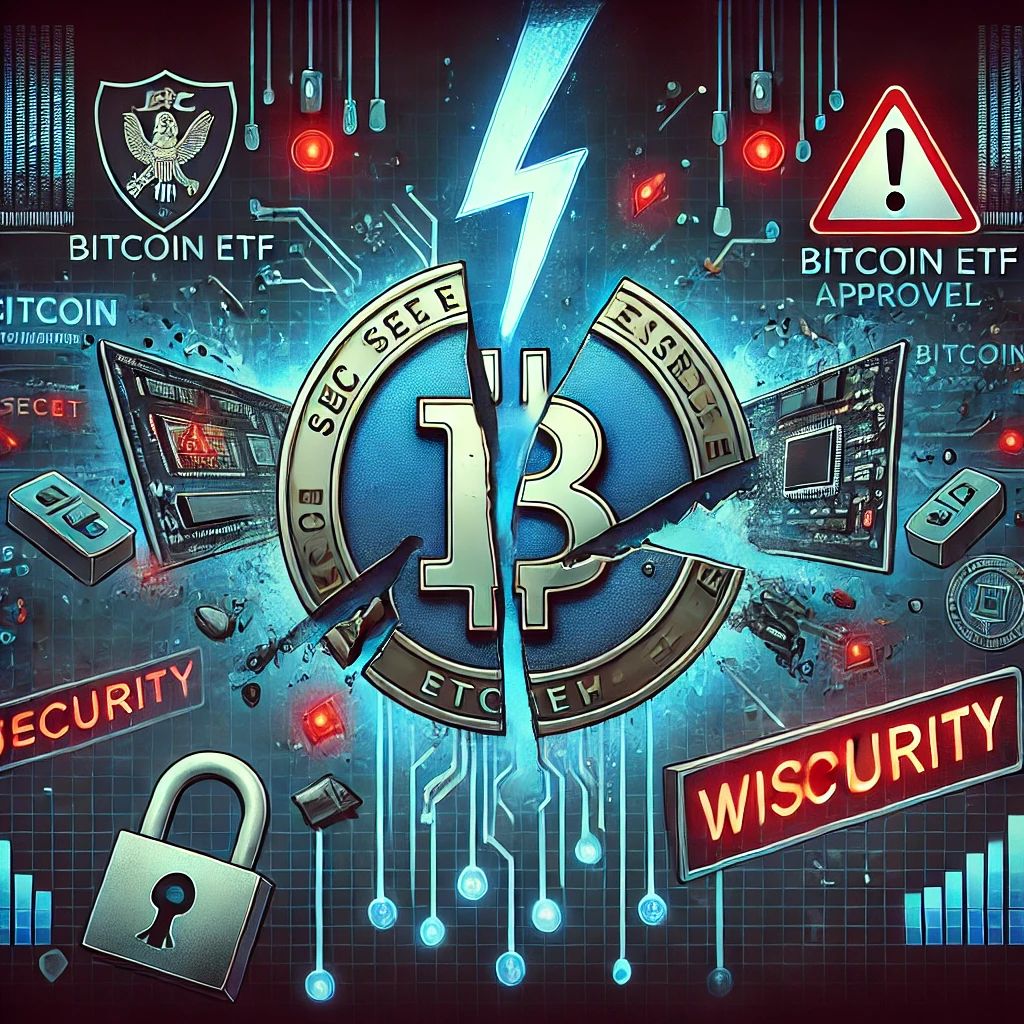 DALLE 2024-10-22 064839 - A digital illustration depicting the SEC hacking incident with Bitcoin ETF approval misinformation The central theme is a Bitcoin ETF logo split by - innovaTopia