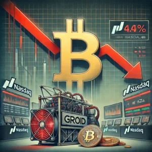 DALLE 2024-10-22 072633 - An illustration depicting GRIID a Bitcoin mining company struggling after its Nasdaq listing The foreground features a large Bitcoin mining rig wit - innovaTopia