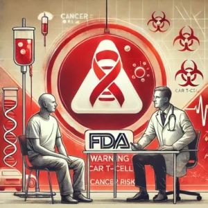 DALLE 2024-10-31 214330 - An illustration showing the FDAs new warning regarding CAR T-cell therapys cancer risk The scene includes a CAR T-cell symbol with a warning overla - innovaTopia