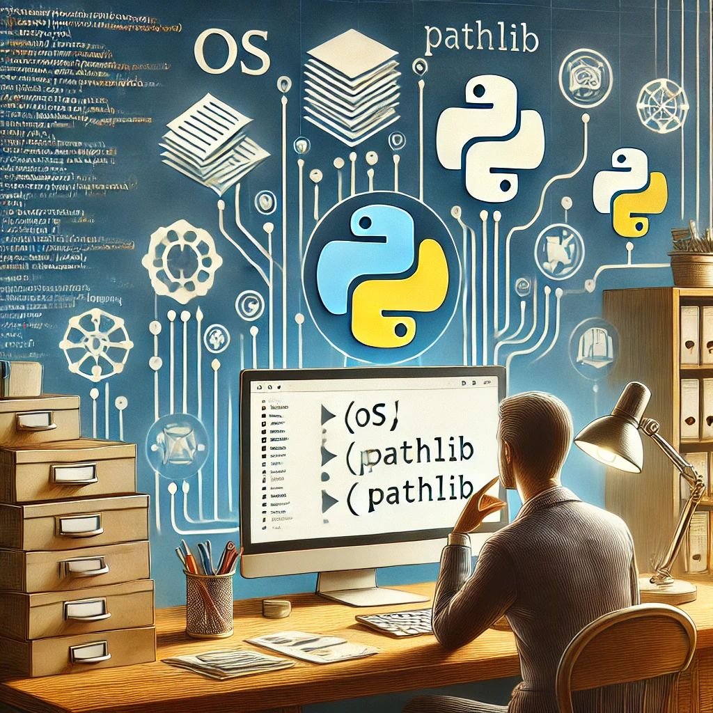 DALLE 2025-01-24 120050 - An illustration representing innovative file management featuring Python code elements like os and pathlib The scene shows a programmers workspace - innovaTopia