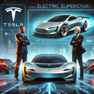 DALLE 2024-06-14 082417 - A scene showing the intense competition between Tesla and BYD in the electric supercar market with CEOs promising new innovations The background fea - innovaTopia