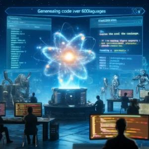 DALLE 2024-06-14 082420 - A scene showcasing the new coding model StarCoder2 capable of generating code in over 600 languages The background includes a digital interface displ - innovaTopia