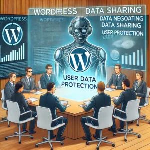 DALLE 2024-06-14 084420 - A scene showing WordPress negotiating data sharing with AI companies while emphasizing user protection The background includes a corporate meeting ro - innovaTopia
