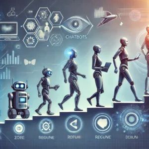DALLE 2024-06-15 045551 - An illustration showing the evolution of chatbots highlighting advanced interactions between humans and computers with futuristic elements - innovaTopia