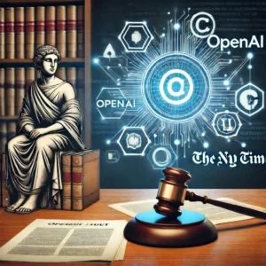 DALLE 2024-06-15 073757 - An image showing a courtroom scene with a judge legal documents and logos of OpenAI and NY Times representing a copyright lawsuit - innovaTopia