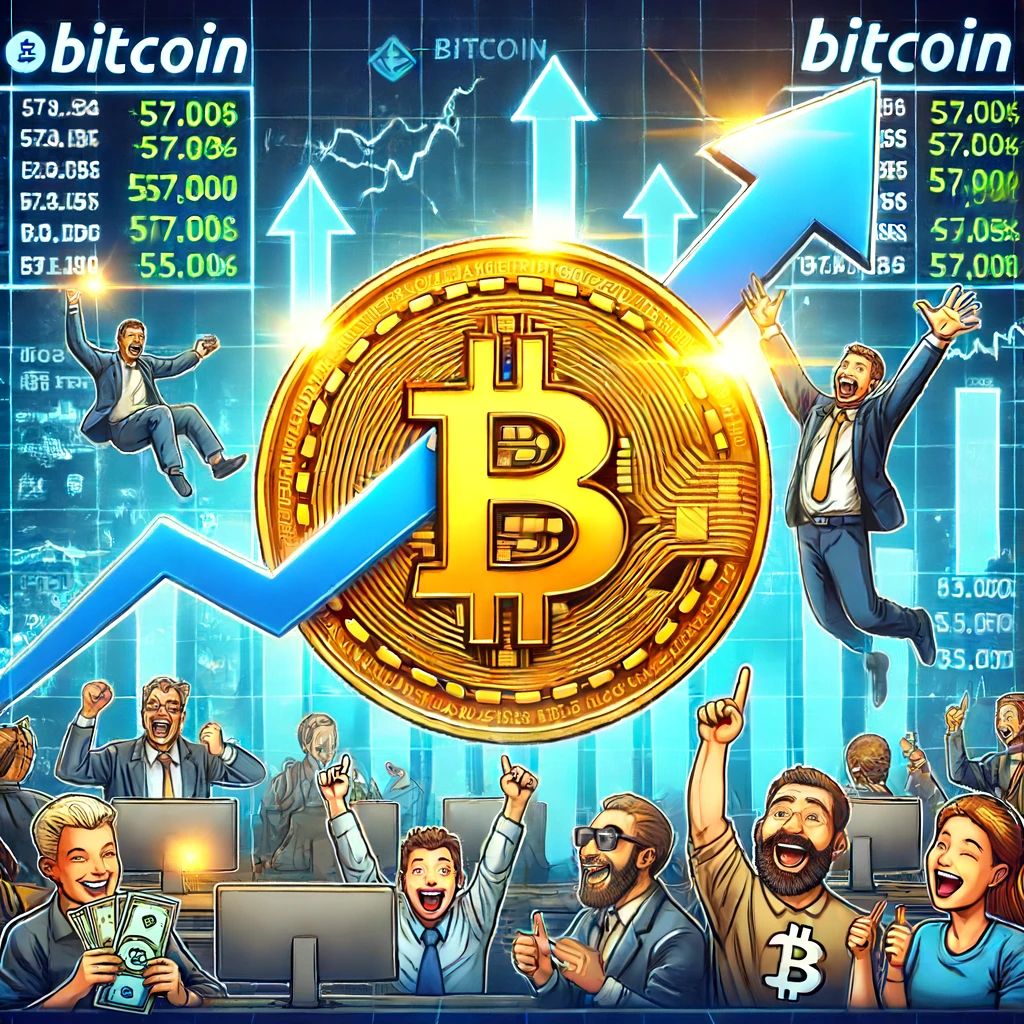 ビットコイン、57,000ドル突破で市場沸騰 – 暗号通貨の新たな高みへ