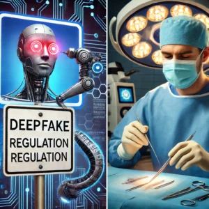 DALLE 2024-06-15 073807 - An image showing both a deepfake regulation sign and an advanced AI surgical robot representing the challenges and progress in these fields - innovaTopia