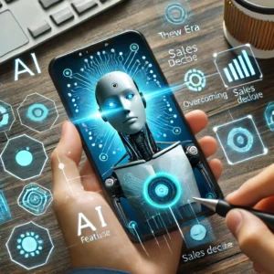 DALLE 2024-06-15 073811 - An image showing a smartphone with AI features being highlighted symbolizing the new era and the challenges of overcoming sales decline - innovaTopia