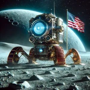 DALLE 2024-06-15 075519 - An image showing a futuristic robotic spacecraft on the moon with the American flag and the name Odysseus indicating its potential failure - innovaTopia