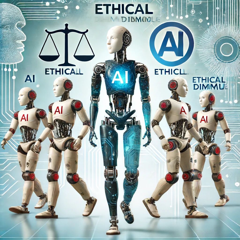 DALLE 2024-06-15 080911 - An image showing advanced AI robots with ethical dilemma symbols highlighting the evolution and challenges of AI in robotics - innovaTopia