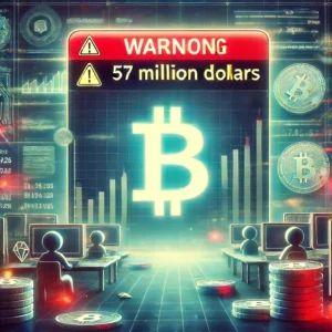 DALLE 2024-06-16 075547 - An illustration of a cryptocurrency exchange scene with a warning sign showing 57 million dollars lost The atmosphere is tense and chaotic reflectin - innovaTopia