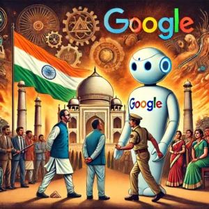 DALLE 2024-06-16 075557 - An illustration of a conflict scene between the Indian government and Google AI with the AI rating a politicians policies The atmosphere is tense w - innovaTopia