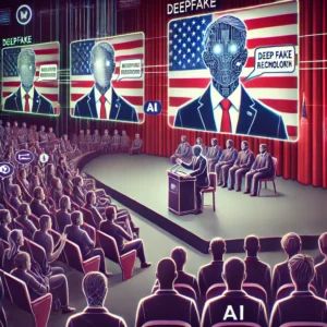 DALLE 2024-06-16 075607 - An illustration of the impact of deepfake technology on elections The scene shows a politicians speech being manipulated by AI with an audience rea - innovaTopia