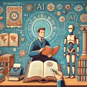 DALLE 2024-06-16 081629 - An illustration highlighting the value of humanities in the AI era The scene shows a scholar with books and ancient manuscripts surrounded by AI ele - innovaTopia