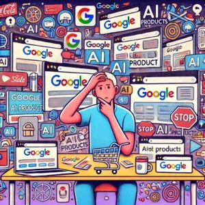 DALLE 2024-06-16 081636 - An illustration depicting the confusion caused by Googles AI product strategy The scene shows a consumer puzzled by various AI products from Google - innovaTopia