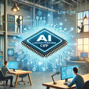 DALLE 2024-06-16 081642 - An illustration of a new AI language processing chip developed by Groq The scene shows the chip in a startup environment with developers working on - innovaTopia