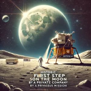 DALLE 2024-06-16 085652 - An illustration of a historic first step on the moon by a private company with the Odysseus mission progressing The scene shows the spacecraft landi - innovaTopia