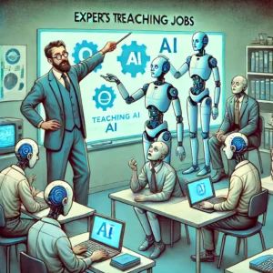 DALLE 2024-06-17 041134 - An ironic illustration of experts teaching AI to do their own jobs showing professionals training AI systems in a futuristic and somewhat humorous se - innovaTopia