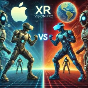 DALLE 2024-06-17 041137 - An illustration of the competition between Apple Vision Pro and Meta Quest 3 in the XR industry showcasing futuristic headsets virtual environments - innovaTopia