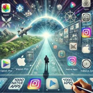 DALLE 2024-06-17 041150 - An illustration of Apple Vision Pro leading into a new era with over 1000 native apps showing a futuristic interface a variety of apps and innovati - innovaTopia