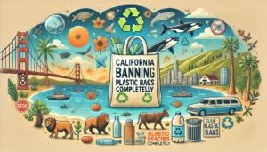 DALLE 2024-06-17 082048 - Illustration showing California banning plastic bags completely with elements of environmental protection such as clean beaches wildlife and recyc - innovaTopia