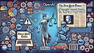 DALLE 2024-06-17 084619 - Illustration showing a copyright lawsuit shaking the future of the AI industry_ New York Times vs OpenAI with elements of legal battle AI and medi - innovaTopia