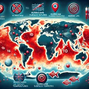DALLE 2024-06-17 091134 - A visual representation of high ocean surface temperatures with a map showing red areas indicating high temperatures Include icons for hurricanes and - innovaTopia