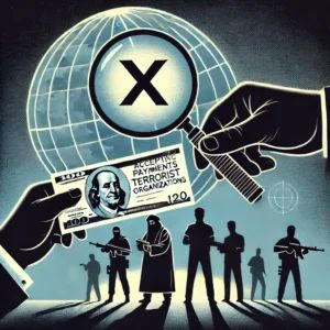DALLE 2024-06-17 091158 - An investigative illustration showing X accepting payments from terrorist organizations with shadowy figures a globe and a magnifying glass to si - innovaTopia