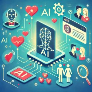 DALLE 2024-06-17 093159 - An image showing an AI-powered dating service transforming the future of romance with icons representing AI hearts and couples Include a small cau - innovaTopia