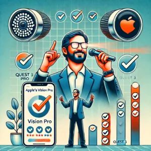 DALLE 2024-06-17 093210 - An illustration showing Metas CEO comparing Apples Vision Pro and Metas Quest 3 with Metas Quest 3 being highlighted as the superior product Inc - innovaTopia