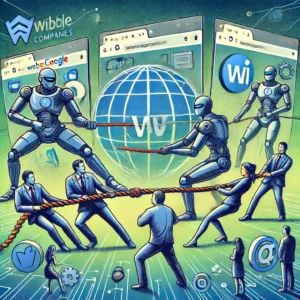 DALLE 2024-06-18 210027 - An illustration depicting the future of the internet influenced by increased use of web crawlers showing AI companies and website owners in a tug-of- - innovaTopia