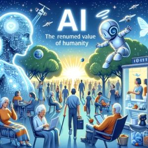 DALLE 2024-06-18 210034 - An illustration capturing the arrival of the AI era with a focus on the renewed value of humanity showing people and AI coexisting and enhancing hum - innovaTopia