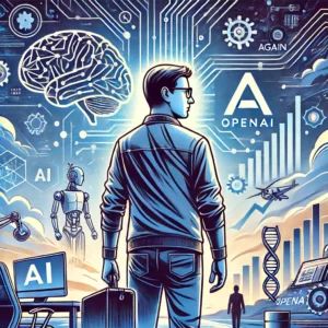 DALLE 2024-06-18 210039 - An illustration showing a prominent AI figure and co-founder of OpenAI making a decision to leave the organization again with a backdrop of innovatio - innovaTopia