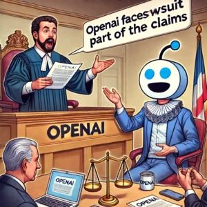 DALLE 2024-06-18 210047 - An illustration of a courtroom scene where OpenAI faces a lawsuit from a comedian highlighting the judge dismissing part of the claims - innovaTopia