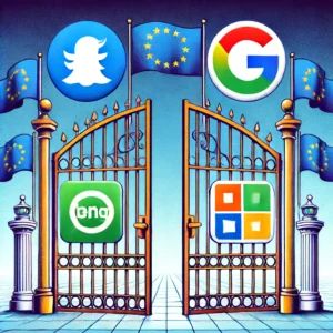 DALLE 2024-06-18 212202 - An illustration showing the EUs decision to exclude Apples iMessage and Microsofts Bing from being gatekeepers symbolized by open gates and symb - innovaTopia