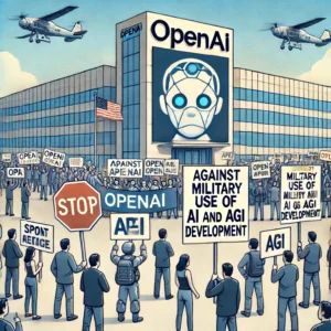 DALLE 2024-06-18 215227 - An illustration showing protests in front of OpenAI against military use of AI and AGI development with protestors holding signs and a backdrop of th - innovaTopia