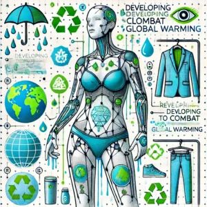 DALLE 2024-06-18 221321 - An illustration of a sweat-producing mannequin named ANDI playing a key role in developing future clothing to combat global warming with futuristic - innovaTopia