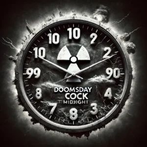 DALLE 2024-06-18 221333 - An illustration of the Doomsday Clock warning of nuclear war crisis showing the clock at 90 seconds to midnight with dark and ominous imagery - innovaTopia